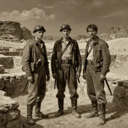 ultra detailed photorealistic sepia - toned painting from 1 9 1 7, three british soldiers standing at an archaeological dig site in wadi rum, ultra realistic, painted, intricate details, lovecraft, atmospheric, dark, horror, brooding, highly detailed, by angus mcbride