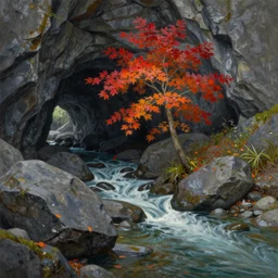 A highly detailed oil painting by Greg Rutkowski and Thomas Kinkade of a secret cave with lots of dark grey rocks, and a river flowing through the middle of it, with a single tree growing in the river with lots of bright red and orange leaves.