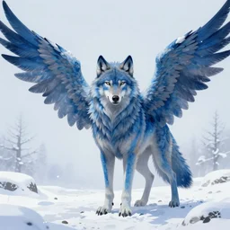 blue wolf with wings, facing front, regal, elegant, winter, snow, beautiful, stunning, hd, illustration, epic, d & d, fantasy, intricate, elegant, highly detailed, digital painting, artstation, concept art, smooth, sharp focus, illustration, wallpaper, art by artgerm and greg rutkowski and alphonse mucha and jin xiaodi