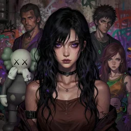 highly detailed portrait of a moody post - cyberpunk wavy black haired young lady, by james gilleard, by joe fenton, by greg rutkowski, by konstantin yuon, by kaws, by kate beaton, 4 k resolution, nier : automata inspired, bravely default inspired, mystical purple, brown, black and green color scheme!!! ( ( graffiti tag wall background ) )