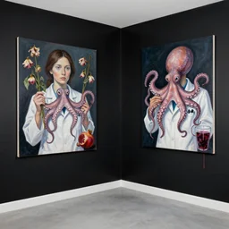 empty room with black walls, a portrait of a female pathologist holding an octopus, wilted flowers, pomegranate, berry juice dripping, neo - expressionism, surrealism, acrylic and spray paint and oilstick on canvas