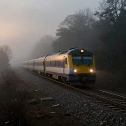a train approaches on a foggy evening, atmospheric, hazy, cinematic