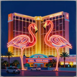 the flamingo hotel and casino in las vegas, an art deco painting by Edward Ruscha, behance, berlin secession, glowing neon, glowing lights, vivid colors