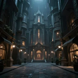 fantasy world down town by Liam Wong dark lighting, cinematic establishing shot, extremely high detail, photorealistic, cinematic lighting
