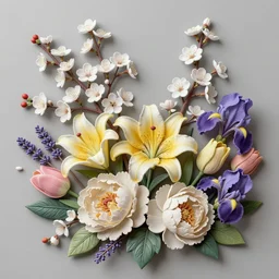 still life of flowers, centered, complex 3 d render, ultra detailed, intricate, realistic, textured, 8 5 mm lens, refined, high definition, photo realism, rembrandt lighting, cherry blossoms, white flowers, little red berries, detailed, lavender, yellow st joseph lily, peonies, foliage, tulips, iris,