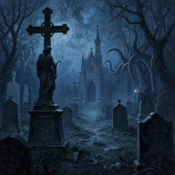gothic cemetery, perspective view, cross, statue, darkness, evil, creepy, science, 1 9 century, hard atmosphere, lovercraft, insmouth, tentacles, artwork, paint, blue tones, detailed, by bastien lecouffe deharme, by jeremy mann, by alexander fedosav