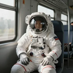 a beautiful photo of an astronaut sitting in a train, soft light, morning light, photorealistic, realistic, octane, 8k, cinematic shot