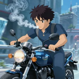 an epic anime of ice cube smoking on a motorcycle, ghibli, unreal 5, daz, hyperrealistic, octane render, rpg portrait, dynamic lighting, epic anime