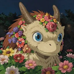 detailed spirit creature with eyes in the flowers at night made by studio ghibli, beautiful scene, detailed, high quality, high details, smooth, ghibli artstyle, 8 k, detailed creature, detailed head