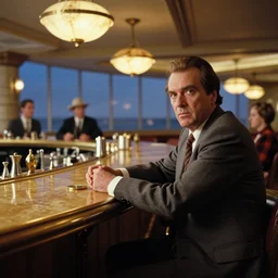 photorealistic wide profile master shot cinematography of the character jack torrance played by jack nicholson from stanley kubrick's 1 9 8 0 film the shining sitting at the overlook hotel's gold ballroom bar starring right at the camera shot on 3 5 mm eastman 5 2 4 7 film by the shining cinematographer john alcott on a 1 8 mm cooke panchro lens.