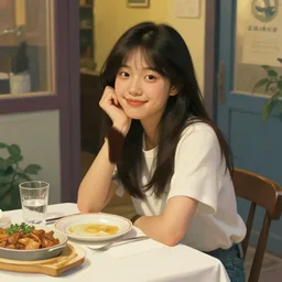 a dinner date with the cute Asian girl next door, slice of life, modern, realistic, looking at the camera, happy! casual!! medium shot. highly detailed, digital painting, artstation, concept art, matte, sharp focus, illustration, art by Artgerm and Greg Rutkowski and Alphonse Mucha