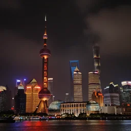 pudong shanghai in fire, dramatic, dark, wide angle