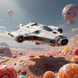 photography of a scifi spaceship landing on an alien candy planet hyperrealistic, ultra realistic, realistic, highly detailed, epic, HD quality, 8k resolution