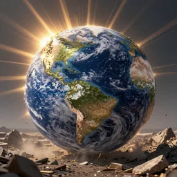 hyper realistic portrait photo of earth destroyed by global warming, portrait shot, intricate detail, glittering sun rays