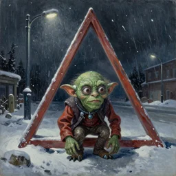 Gollum lost in the Bermuda Triangle in the world of Edward Hopper, stormy snowy weather, streetlights, extremely detailed masterpiece, oil on canvas, low-key neon lighting, artstation, Blade Runner 2049, Roger Deakin’s cinematography, by J. C. Leyendecker and Peter Paul Rubens