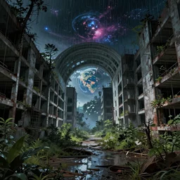 a beautiful detailed illustration of tunnel abandoned urbex building architecture industrial architecture city nature unfinished building by le corbusier, galactic wilderness nature tron retro evil earth at night dramatic lighting assassin's creed rainforest heavy rain otherworldly at dusk, archdaily, wallpaper, highly detailed, trending on artstation.