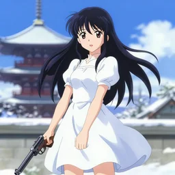 portrait of anime girl in dress dress with gun in hands winter by greg rutkowski, key visual, kyoto animation, square enix, studio ghibli pixiv, sharp, detailed, high quality, award winning trending on super detailed face sparkling eyes fingers photorealistic ultrahd 4 k 8 k unrealengine