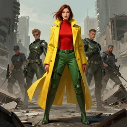 character desing concept art beautiful woman cybersoldier wearing, red top, green cargo pants, long tailored yellow coat in a ruined city by greg rutkowski, artgerm, jparked, tyler edlin, gilles beloeil, artstation, intricated, detailed, octane rendered, epic scene