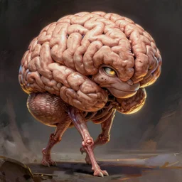 a creature made of a giant brain with a smug face which walks on little stumpy limbs, it has a piercing gaze, comic book illustration, final boss
