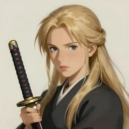 woman blond portrait with katana, art by studio ghibli and greg rutkowski and artgerm and ilya kuvshinov, portrait, d & d, fantasy, highly detailed, digital painting, headshot, trending on artstation, concept art, sharp focus, illustration