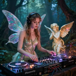 double exposure of a beautiful fairy and a cupid djs playing turntables in a rave party at a magical forest, digital art, cinematic photo - realistic 8 k high detailed