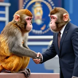 a monkey in a jacket shakes hands with the president, a political channel, news.