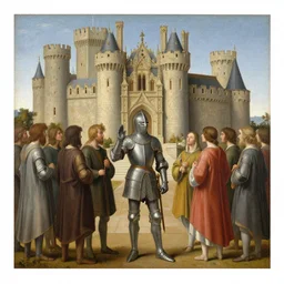 a knight swearing an oath before an illustrious castle, beautiful beyond words, oil on canvas, renaissance art