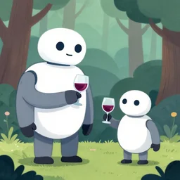big and little robots drinking wine in a forest art by petros afshar, victor mosquera, kurzgesagt style. colourful 2 d cartoon, matte background, luminescent. behance contest winner