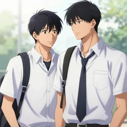 boy's love anime high school noon, high detail concept art, perfect proportions fine face, athletic tall handsome guys, close together romantic undertones, avant designer uniform, vivid colors, realistic shaded lighting poster fantasy art kazue kato, katsuhiro, jeremy lipking and michael germash, makoto shinkai, loish and clamp style, best selling artist