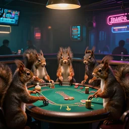 cyberpunk squirrels playing poker in a gritty cyberpunk bar