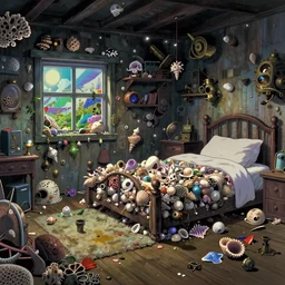 anime background of the interior of a bedroom in the slums built from various coral seashells and being reclaimed by nature, nostalgia, vaporwave, litter, steampunk, cyberpunk, caustics, anime, vhs distortion, dynamic shot, cinematic letterbox, art created by miyazaki