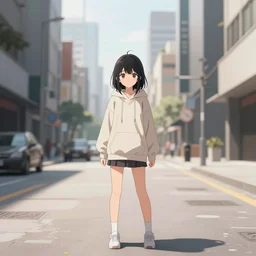 black haired girl wearing hoodie, city, wide shot, anime key visual, shaft, daylight