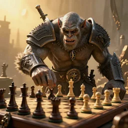 orcs playing chess, hyperrealistic, warcraft style, volumetric golden dappled dynamic lighting, highly detailed, sharp focus, by victo ngai, artgerm