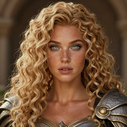 complex 3 d hyper realistic smooth ultra sharp render of a gorgeous princess paladin woman | sunkissed tan skin, curly dirty blonde hair, freckles, luminescent eyes | d & d, medieval, fantasy | art by oh jinwook + 吵 集 仁 儿 on artstaion + takeshi obata + alphonse mucha