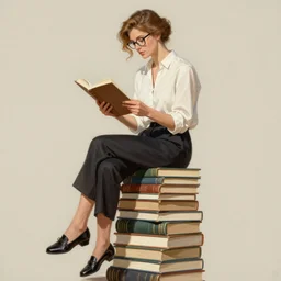 a woman with light brown hair and glasses sitting on top of a tall pile of books. she is reading. well composed, clean elegant painting, beautiful detailed face. comic book art by steve ditko and jack kirby and ( alphonse mucha )