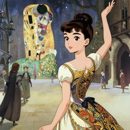 anime visual, portrait of a young audrey hepburn in a ornate dress outside in the medieval city square looking at the fantasy palace in the distance, cute face by ilya kuvshinov, alphonse mucha, dynamic pose, dynamic perspective, rounded eyes, moody, psycho pass, kyoani, gustav klimt, yoh yoshinari, cel shade