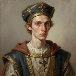 portrait painting of a skinny male scribe wearing fancy medieval clothes and a cap, sharp focus, award - winning, trending on artstation, masterpiece, highly detailed, intricate. art by josan gonzales and moebius and deathburger