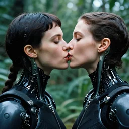 cinestill 5 0 d photographic portrait by helen levitt of two loving female cyborgs kiss wearing black techwear in a retrofuturist garden, extreme closeup, modern cyberpunk, 8 k, hd, high resolution, 3 5 mm, f / 3 2, ultra realistic faces, intricate detail, ex machina