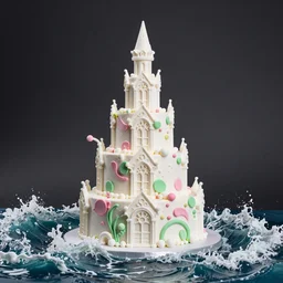 a cake decorated like a delicate ornate white fantasy tower with pink and green decoration splashes upwards from a turbulent ocean