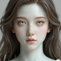 complex 3 d render, ultra detailed, portrait of a beautiful porcelain skin woman, face, green eyes, wavy hair, 1 5 0 mm lens, beautiful, studio portrait,