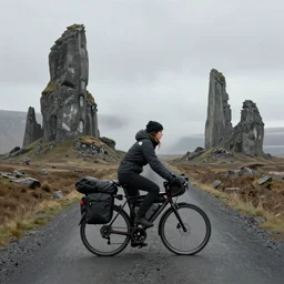 A digital painting by Simon Stålenhag of a woman in north face clothes on a touring bike on a gravel road of Iceland. The bike has vaude saddlebags mounted on the rack of the bike. Around the road there are monumental old ruins tower of a dark misty forest,overcast, sci-fi
