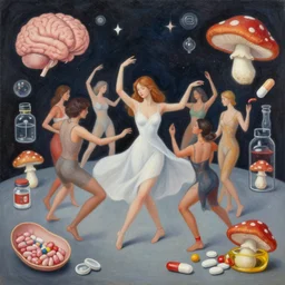a beautiful masterpiece painting of people who dance around ( in a space techno ) and brain and mushroom and pills, oil painting by cuno amiet, andrey remnev, frank stella, james jean, kazimir malevich, pavel filonov, robert rauschenberg, prismatic, glowing, raven black, trending on artstation