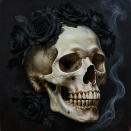 A hyper-realistic and beautiful painting of a human skull adorned with black roses , detailed and intricate , horror, creepy, memento mori , smoke, ominous, unnerving , matte painting, cinematic, cgsociety, as featured in Artstation, James jean, Brian froud , rossdraws hyperrealism, award winning artwork, trending on artstation, high quality printing, fine art with subtle redshift rendering