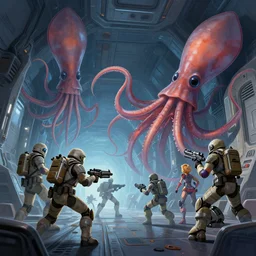 space soldiers dressed with blasters fight with giant martian squid inside the corridors of spaceship, vector behance hd jesper ejsing, highly detailed, digital painting, artstation, concept art, smooth, illustration, art by artgerm and rhads and makoto shinkai and lois van baarle and ilya kuvshinov and rossdraws, hd, 8 k