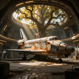 a rusty space shuttle in the interior of an old abandoned sci - fi hangar an old oak tree grows inside the courtyard golden rays of sunlight enter through the window gold neon lights digital art trending artstation