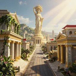 azimuth matte painting of a road of Atlantis town in the hill grec greeble temple olymp glory in sun shaft zeus tower statue pantheon ivy plant grow flower in marble gold incrusted of legends adn red flag dynasty by Frank Lloyd Wright and Zaha Hadid stylized 3d volume depth light, masterpiece, artstation, cgsociety, kodakchrome, golden ratio hdr tone gta cover overlay