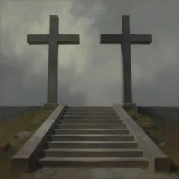 painting of a stairway leading to two crosses, concept art by mathias kollros, cgsociety contest winner, fantasy art, concept art, matte drawing, matte painting