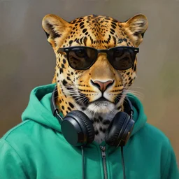 a photorealistic digital illustration of a leopard wearing black sunglasses, a teal green hoodie with headphones wrapping around his neck. hyper detailed, oil on canvas. this 4 k hd image is trending on artstation, featured on behance, well - rendered, extra crisp, features intricate detail, epic composition and the style of unreal engine.