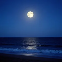 a full moon is seen over the ocean, a matte painting by mikalojus konstantinas ciurlionis, unsplash, australian tonalism, photo taken with provia, photo taken with ektachrome, nightscape
