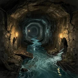 a long sewer tunnel with two exits. a waist - deep stream with brackish water flows through them. fantasy art, underground, crumbling masonry, darkness, sewage falling from grates, abandoned spaces, torchlight. sketch, darkest dungeon.